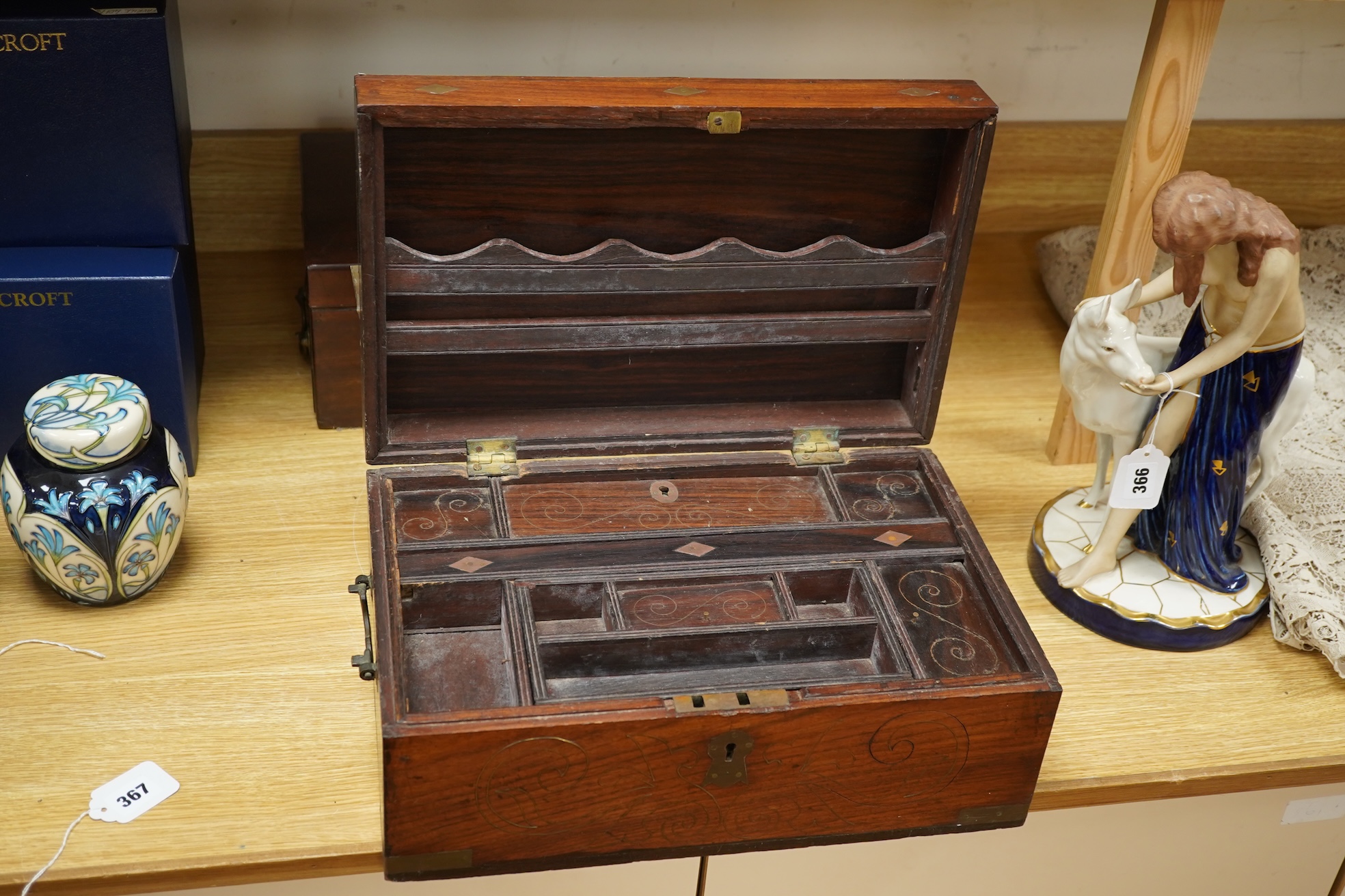 A 19th century brass inlay rosewood writing box an mahogany writing box, 42cm wide x 18cm high